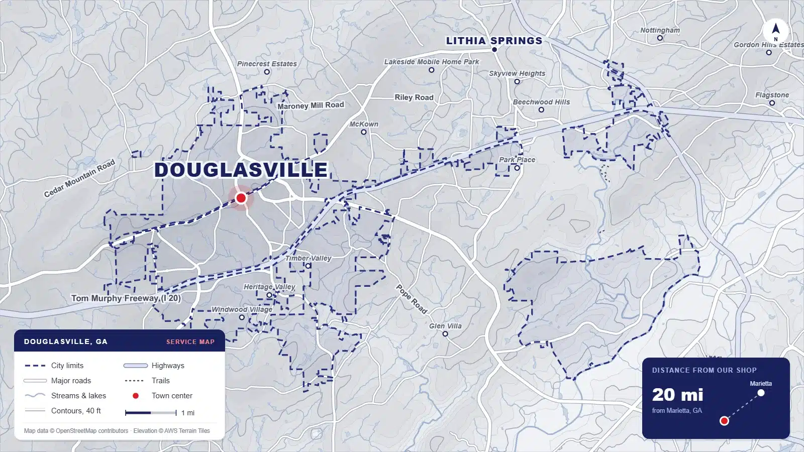 Map of Douglasville and Lithia Springs, GA in Douglas County showing neighborhoods, major roads and elevation contours