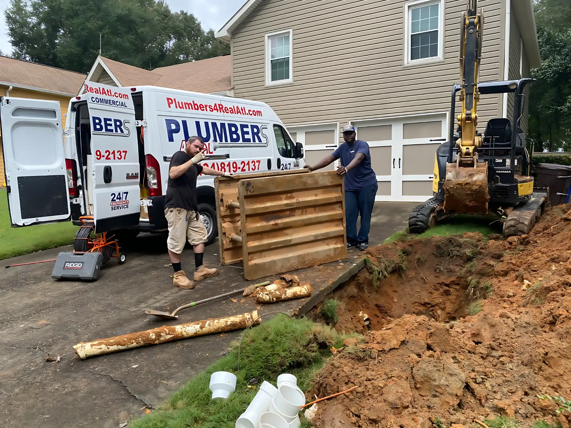 Crew and excavator on a yard line replacement – Plumbers 4 Real